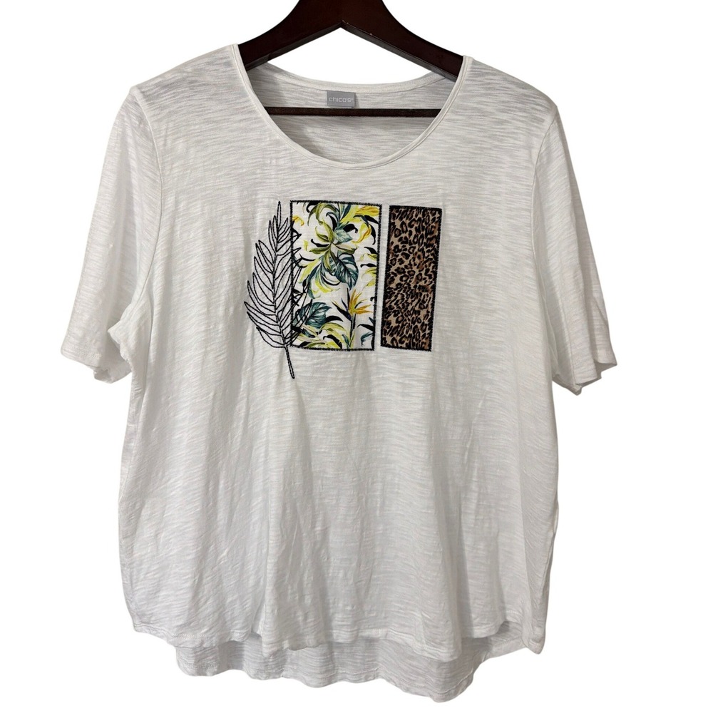 Chicos Womens Size 4/ XXL White‎ Slub Knit T-Shirt Tropical Leopard Graphic Tee